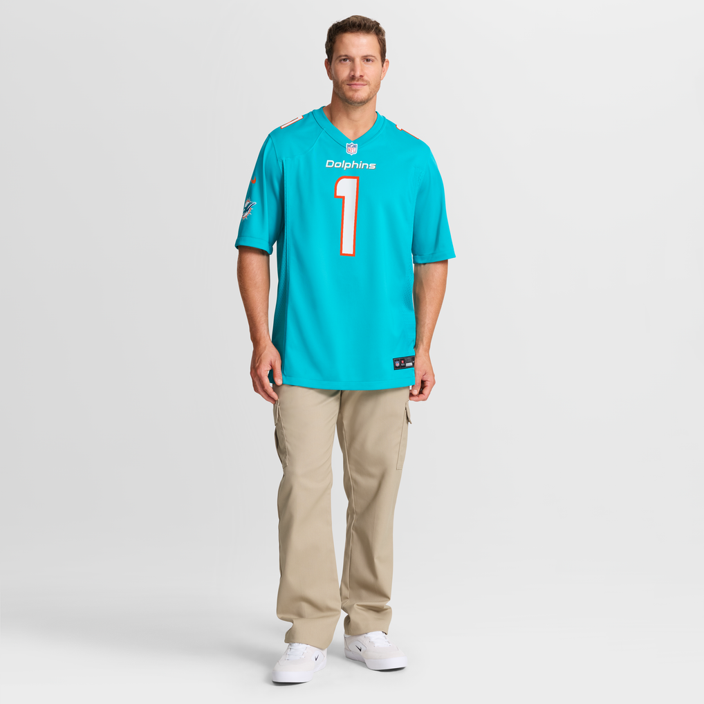 Men's Miami Dolphins Number 1 Groom Aqua Game Jersey