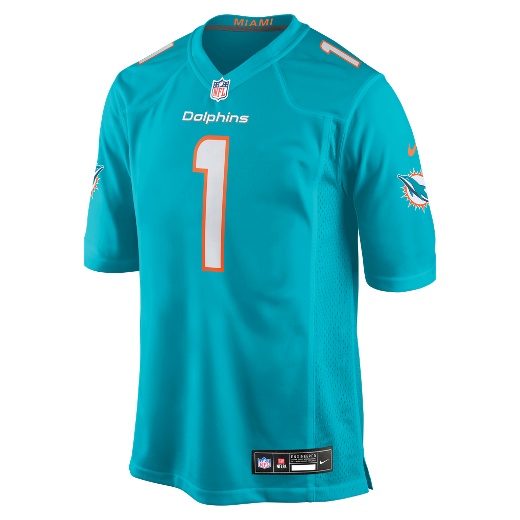 Men's Miami Dolphins Number 1 Groom Aqua Game Jersey