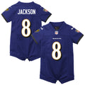 Newborn Baltimore Ravens Lamar Jackson Purple Romper Game Jersey