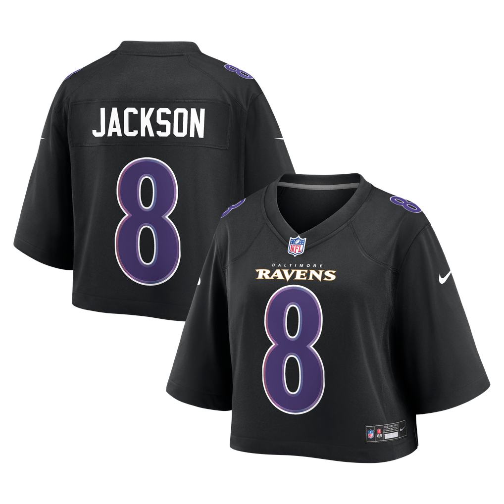 Women's Baltimore Ravens Lamar Jackson Black Cropped Fashion Game Jersey